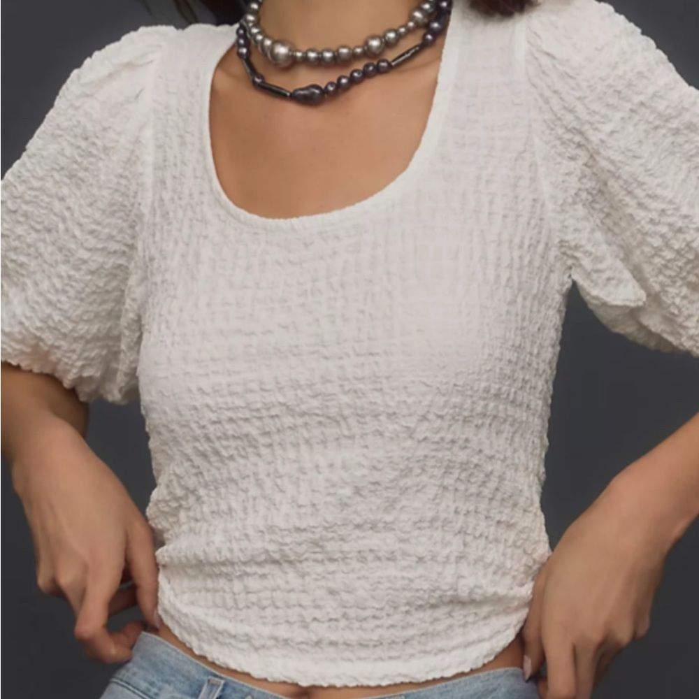 Anthropologie White Puff Sleeve Smocked Blouse